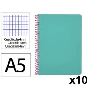 Pack 10x Caderno Espiral Quarto | Quadriculado 4 mm | 90 g | Capa dura | Turquesa
