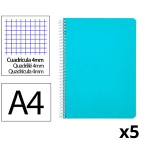 Pack 5x Caderno espiral Folio | Quadriculado 4 mm | 90 g | Capa dura | azul claro