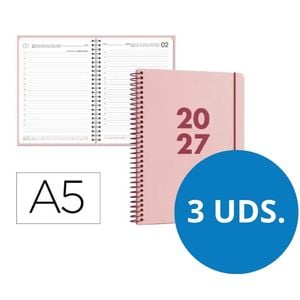 Pack de 3 Agendas 2027 A5 com espiral dia por página | Rosa