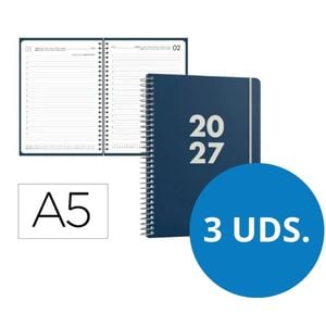 Pack de 3 Agendas 2027 A5 com espiral dia por página | Azul-Escuro
